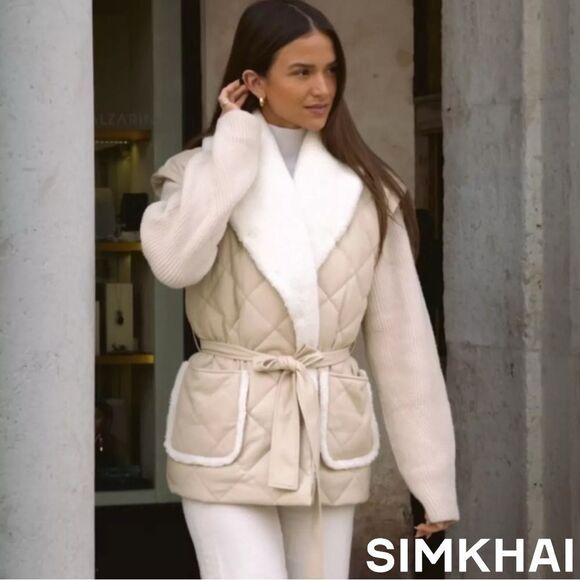 SIMKHAI **NWT** Astra Tie Waist Puffer Jacket Beige/Blush - Picture 2 of 14
